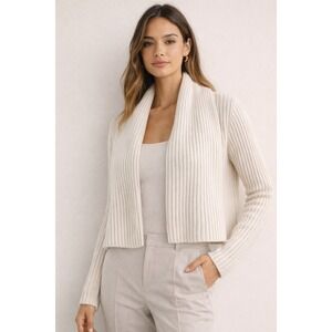 Eileen Fisher Merino Wool Ribbed Cropped Cardigan Shawl Collar Cream White Small